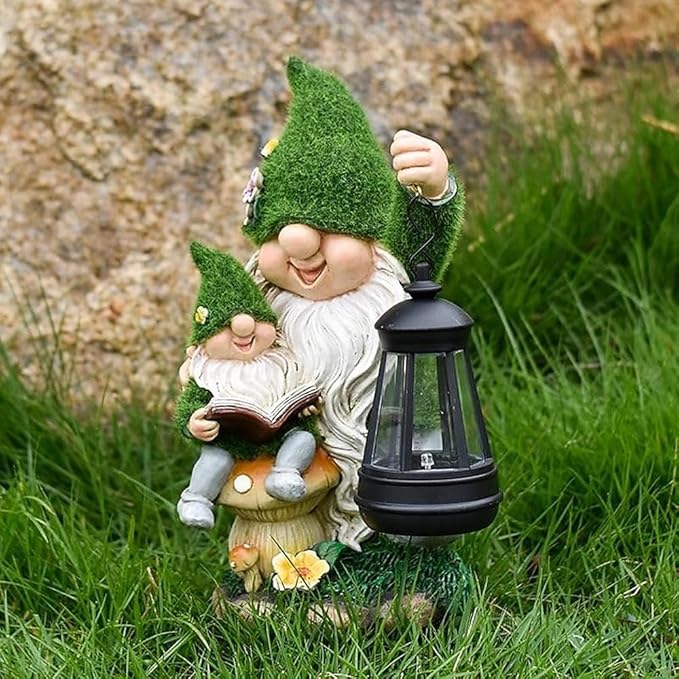 Solar Garden Gnome Statue Flocked Reading Parent & Child Gnomes with LED Light, Outdoor Waterproof Lawn Ornament Decor for Patio Lawn Yard Pathway Gift Idea for Women Mom Mothers Day-Ruum Studio Home