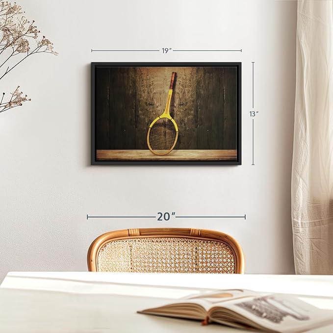 ElephantStock Vintage Tennis Racket Wall Art - Horizontal Framed Canvas - 1-Piece Living Room Wall Decor - Photography Sports Canvas Print - Brown and Black Decor for Wall - 19" X 13"-Ruum Studio Home
