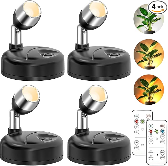 4 Pack Wireless LED Spotlights Indoor, Plant Battery Operated Tree Lights, Uplighting Picture Light with Remote, Accent Lights for Display Artwork Dartboard-Ruum Studio Home