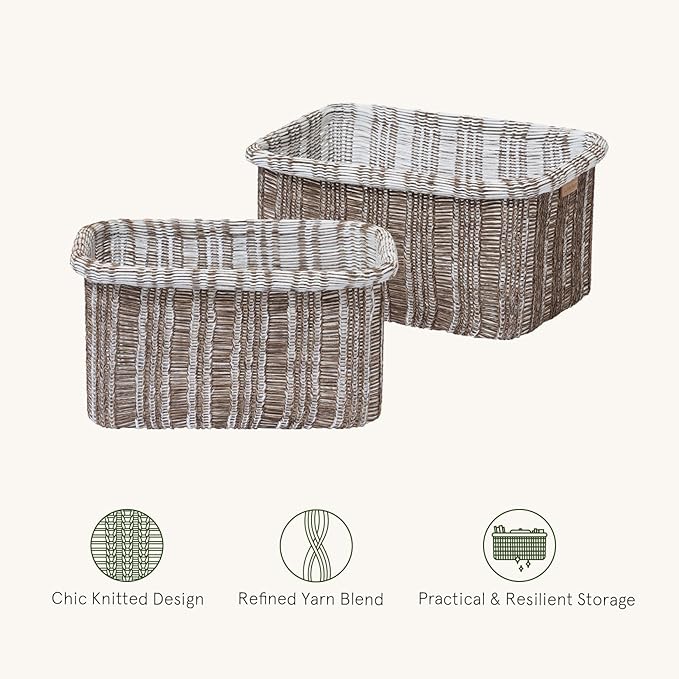 La Jolie Maison Blended Fabric Storage Baskets Set of 2, Rectangle Knitted Baskets for Organizing, Boho Decorative Baskets, Unique Design, Durable Finish, Mocha-Ruum Studio Home