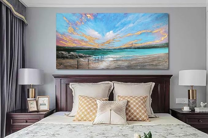 Arjun Ocean Teal Wall Art Canvas Coastal Beach Painting Blue Turquoise Landscape Sunset Picture, Panoramic Gold Foil Textured Large Artwork Framed for Living Room Bedroom Bathroom Wall Decor 40"x20"-Ruum Studio Home