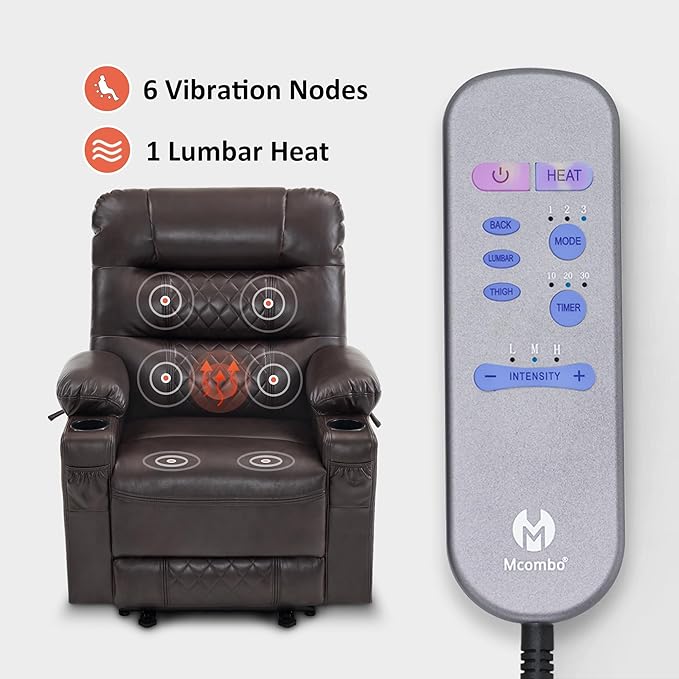 MCombo Zero Gravity Power Recliner Chair with Heat and Vibration Massage, Reclining Chair with USB Ports, Cup Holders for Living Room, Faux Leather PR621 (Brown)-Ruum Studio Home