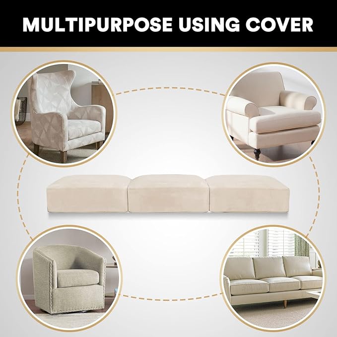PrinceDeco Sectional Couch Cushion Covers 3 Pieces Velvet Separate Couch Cover Extra Large Stretch Sofa Slipcover Washable Furniture Protector for Sectional Sofa(Each Width Up to 40", Ivory)-Ruum Studio Home