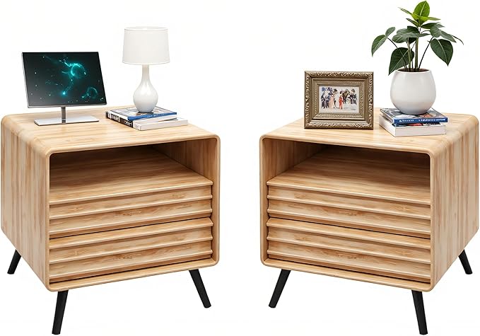 RedLemon 24" Nightstand Set of 2 with Charger Station, Mid Century Modern Fluted End Table with 2 Drawers, Wooden Side Table with Open Cubby Storage for Living Room, Bedroom, Office(Natural Oak)-Ruum Studio Home