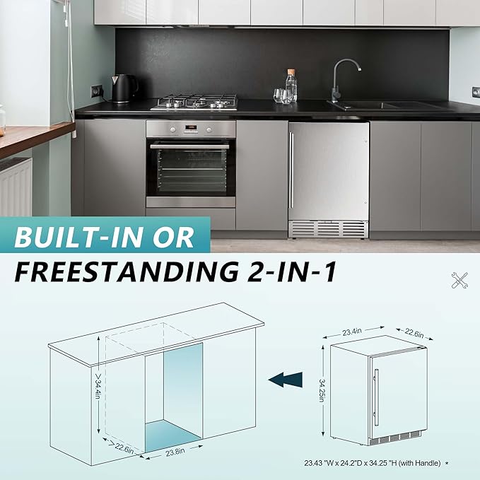 EUHOMY 24 Inch Beverage Refrigerator, Built-in and Freestanding Beverage Cooler 180 Can, Under Counter Beverage Fridge with Stainless Steel Door, Outdoor Refrigerator for Soda, Beer, Wine-Ruum Studio Home