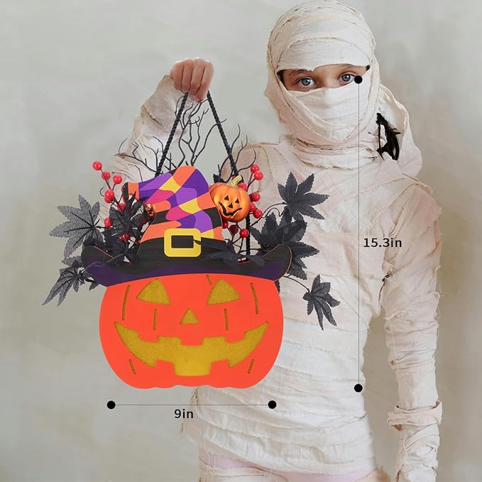 Halloween Pumpkin Decorations, Lighted Jack-O-Lantern with Maple Leaves Berries Witch's Hat, Halloween Wreaths Door Sign Wood Pumpkin for Front Door Indoor Outdoor Yard Party Cartoon Hanger Decor-Ruum Studio Home