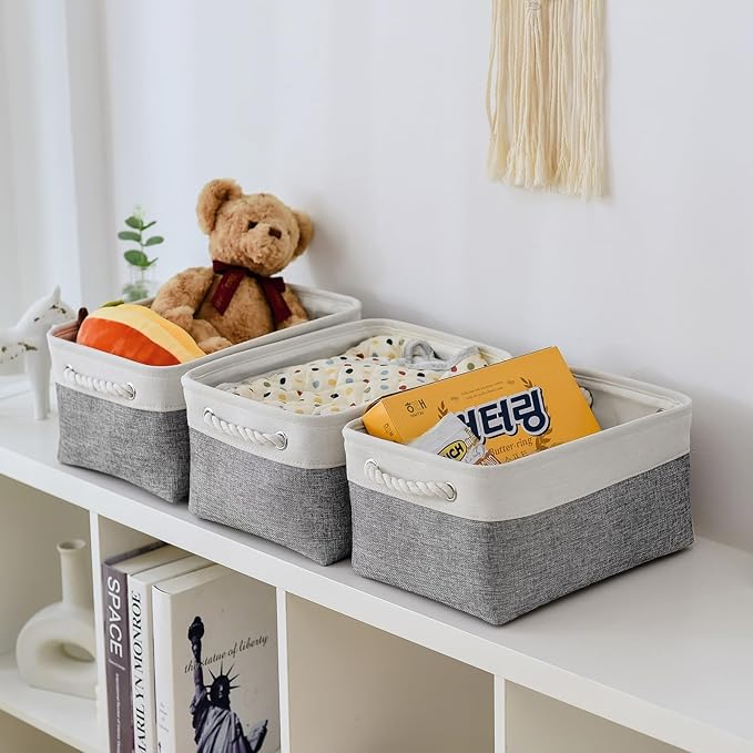 TheWarmHome Storage Bins for Shelves - 13.8L×9.8W×6.7H inch 3 Pack Medium Collapsible Storage Baskets for Organizing | Fabric Storage Cubes for Linen Closet Toy Home (White&Grey)-Ruum Studio Home