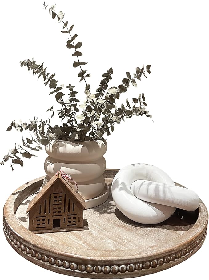 Round Wood Decorative Tray - Brown Washed Bead Tray for Coffee Table Wood Serving Tray Wooden Trays Decor Kitchen Counter Circle Tray Vintage Centerpiece for Living Room Candle Holder (15.75 inch)-Ruum Studio Home