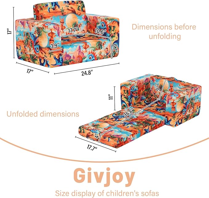 Toddler Chair Kids Couch, 2-in-1 Toddler Soft Sherpa Couch Fold Out Armchair with Removable Cover, Convertible Reading Chair Toddler Sofa for Kids, Orange Dinosaur-Ruum Studio Home