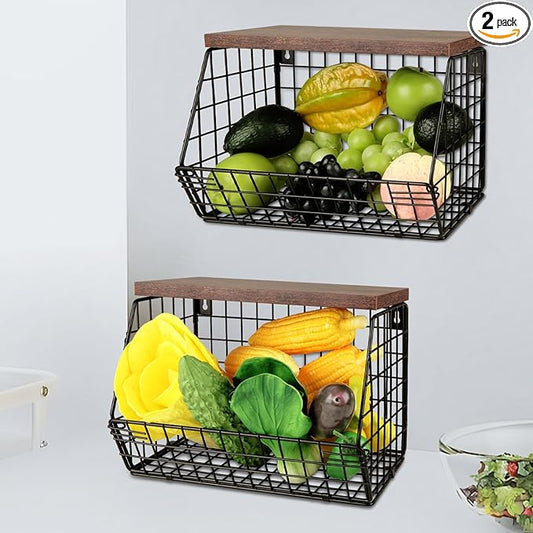 CYEAH 2 Pcs Stackable Fruit Basket for Kitchen, Hanging Wall Fruit Basket with Wood Lid, Space Saving Wall Mounted Mesh Metal Wire Baskets, Kitchen Counter Organizer for Snack, Onion, Potato Storage-Ruum Studio Home