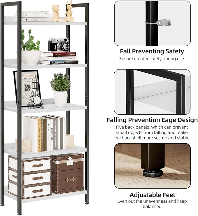 NUMENN Bookshelf, 5 Tier Bookshelves, Home Office Bookcase Shelf Storage Organizer, Free Standing Storage Shelving Unit for Bedroom, Living Room and Home Office, White&Black-Ruum Studio Home