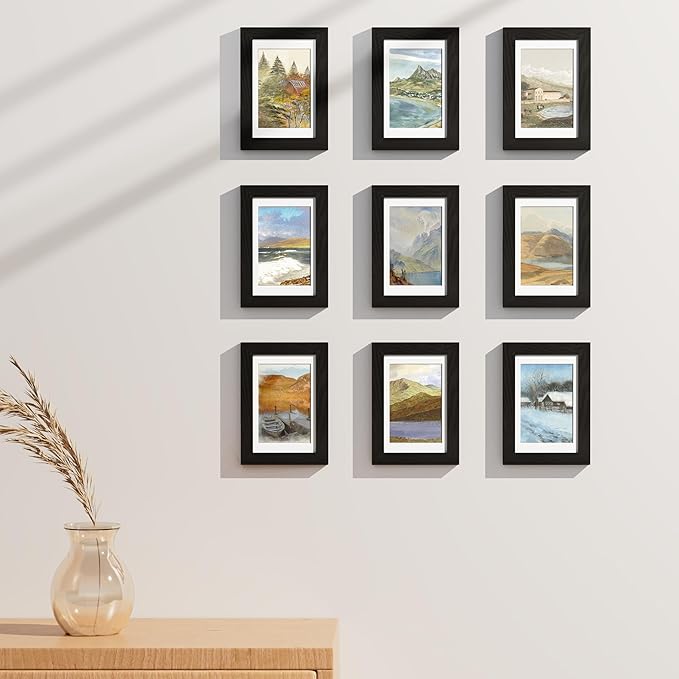 Vittanly 4x6 Picture Frames Set of 9, Shatter Resistant Plexiglass, Display 3.5x5 Pictures with Mat or 4x6 without Mat, Photo Frames for Wall or Tabletop, Engineered Wood, Black-Ruum Studio Home