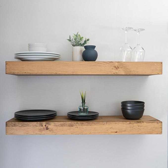 Modern Floating Shelves 3 Inches Thick for Wall, Wide Shelves for Kitchen, Living Room, Bedroom, and Bathroom, Natural Pine Wood, Rustic Wooden Shelf, (Set of 2) (Aged Oak, 36Lx3Hx6D)-Ruum Studio Home