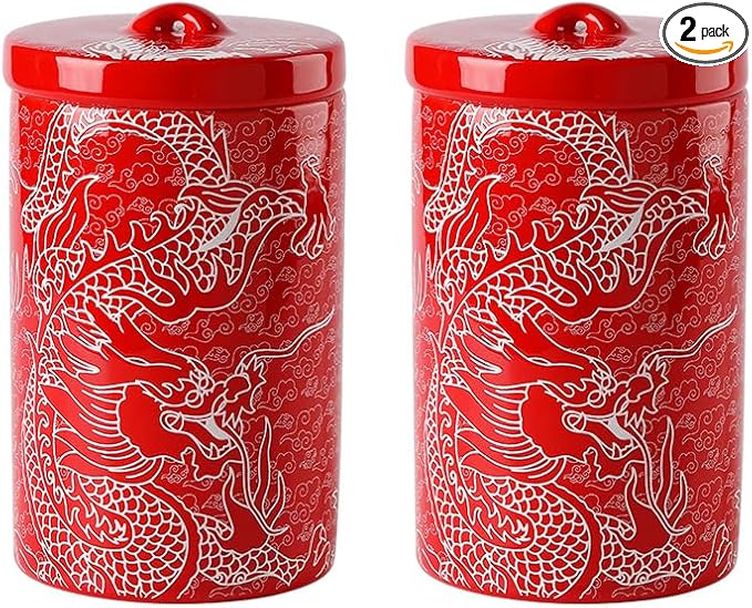 Porlien Chinese Dragon Porcelain 15-ounce Canisters Set of 2, Food Storage Containers with Lid for Coffee Beans, Tea, Condiments & Nuts-Ruum Studio Home