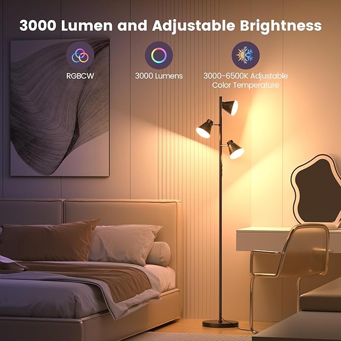RGB Floor Lamp, 36W LED Dimmable Standing Lamp with 3 Swivel Lights, Color Changing Tall Lamp with Remote, Stepless Dimmable Modern Floor Lamps for Living Room, Bedroom, Gaming Room,Office-Ruum Studio Home