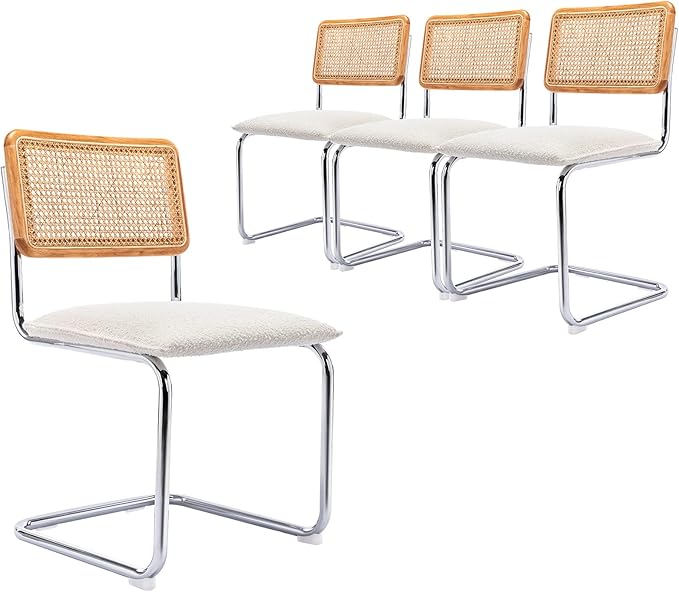 Mid Century Modern Rattan Dining Chairs Set of 4, Boucle Kitchen Chairs with Handwoven Mesh Rattan Backrest and Metal Legs, Upholstered Accent Side Chairs, White-Ruum Studio Home