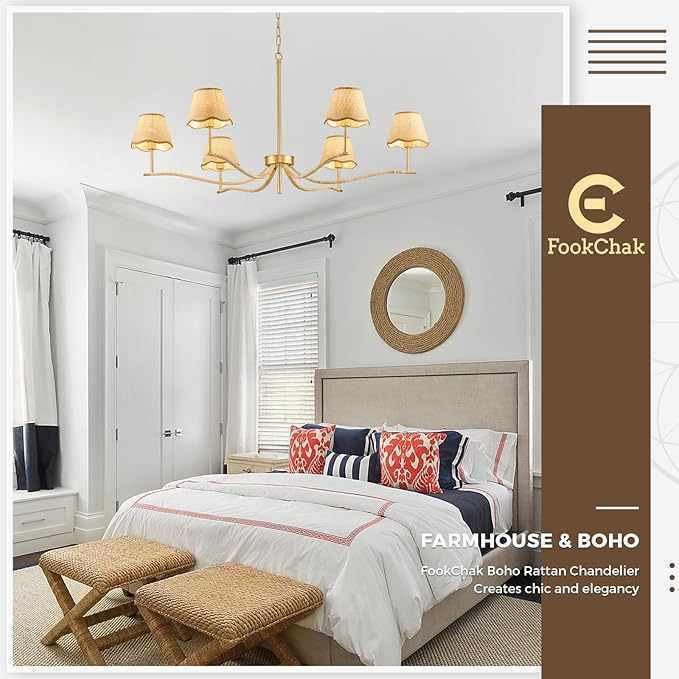 6 Light Boho Rattan Chandelier 44'' Brass Gold Chandelier Light Fixture Hand Woven Dining Room Chandeliers for Entryway Bedroom Living Room Bathroom-Ruum Studio Home