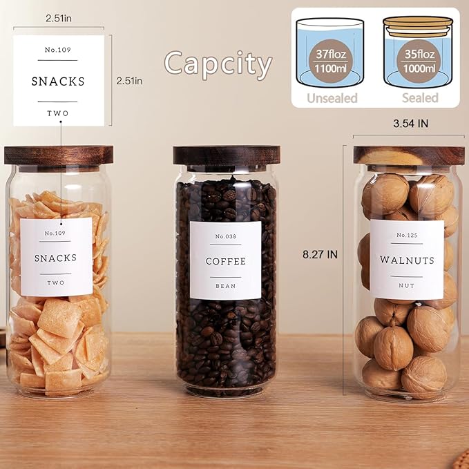 3 Set Glass Pantry Storage Jars with Acacia Airtight Lid - 35oz Thicken Glass Kitchen Canisters with 132 Pantry Labels - Clear Food Storage Containers with Wood Lid for Tea,Sugar,Cookie,Pasta-Ruum Studio Home
