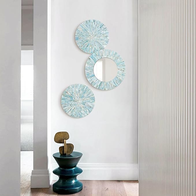 Beach Mirror Wall Decor for Living Room, 3PCS Natural Mother of Pearl Coastal Wall Art Bedroom Bathroom Decoration, Handmade Ocean Round Wall Hanging Sculptures for Home Office Holiday Hotel-Ruum Studio Home