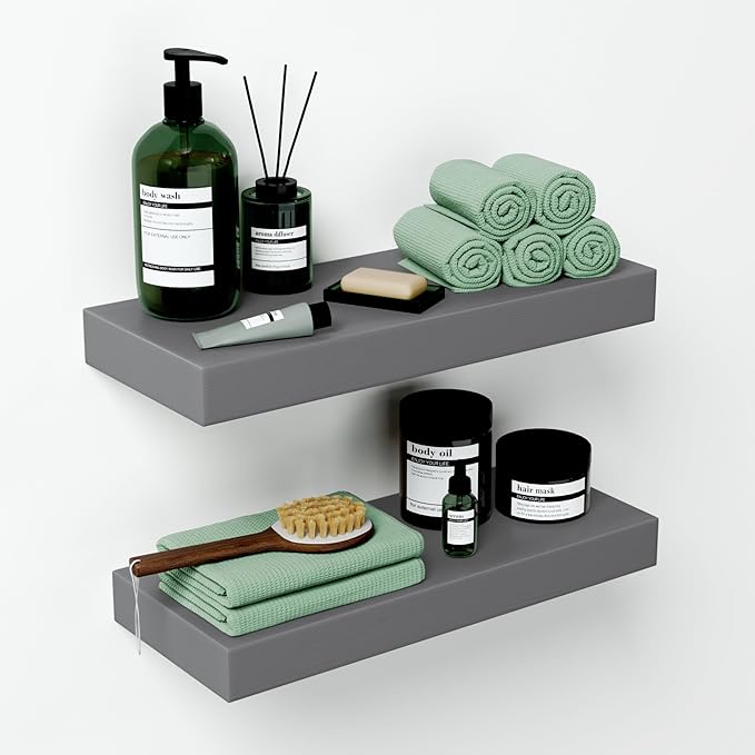 Homeforia Gray Floating Bathroom Shelves, High End Solid Real Wood 16 inch Small Floating Shelf for Wall Mounted, Grey Wooden 16 in Floating Shelves, Heavy Duty Bracket, 16 X 6.5 X 1.75 inch, Set of 2-Ruum Studio Home