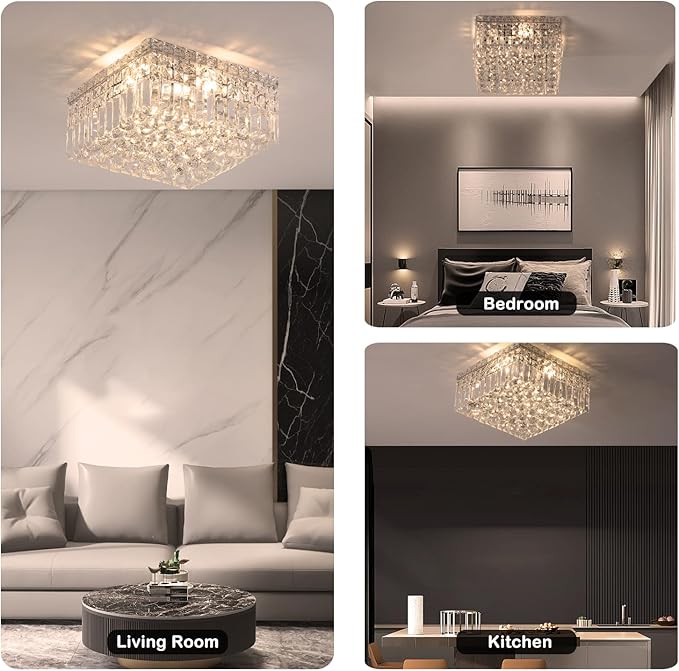 4-Lights Modern Flush Mount Ceiling Light Fixtures,Elegant Crystal Chandelier Pendant Ceiling Lamp for Bedroom,Living Room,Dining Room,Hallway H5.9 x W13.7 x L13.7 (Bulbs Not Included) Square-Ruum Studio Home