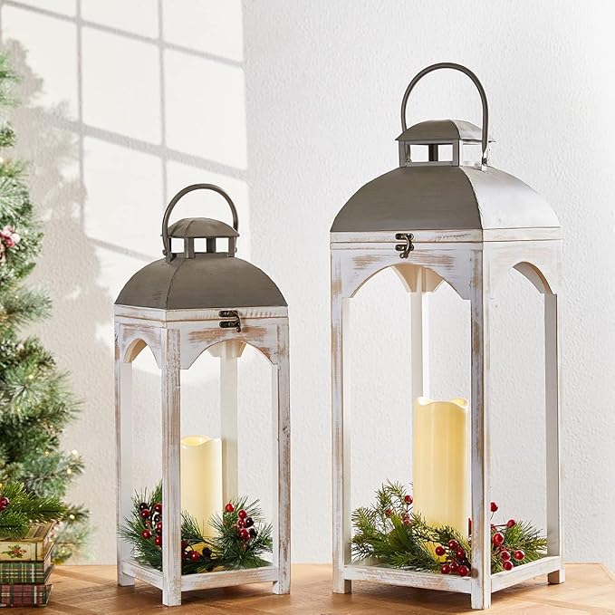 Glitzhome Set of 2 Mondern Farmhouse Wood Metal Lanterns Decorative Candle Lanterns, White (No Glass)-Ruum Studio Home