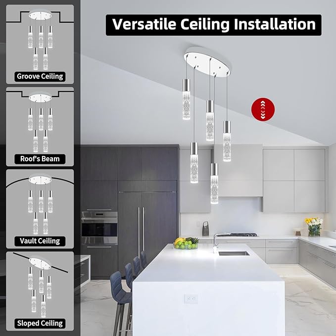 OKELI Smart Dimmable LED 5-Light Pendant Light for Kitchen Island, 18W 1350LM Modern Bubble Crystal Island Light Fixture with TUYA App & Voice Control, Adjustable 3000K-6000K, Electro-Chrome-Ruum Studio Home