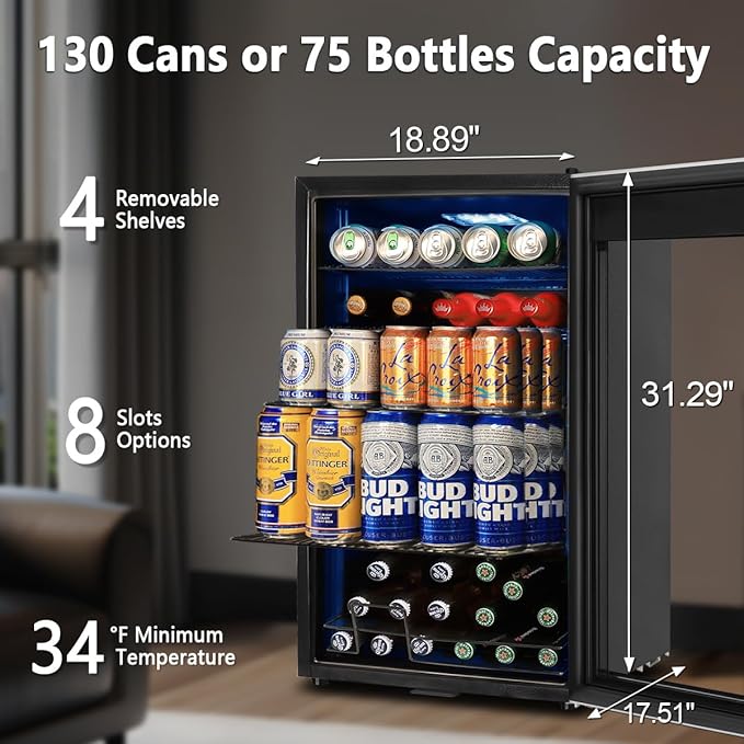 Tylza 130 Can Beverage Refrigerator Cooler, 3.22 Cu.Ft Beverage Cooler with Low-E Glass Door, Safety Lock, Beverage Fridge for Soda, Beer, Wine, Mini Fridge for Home, Office, Bar, Bedroom, Silver-Ruum Studio Home