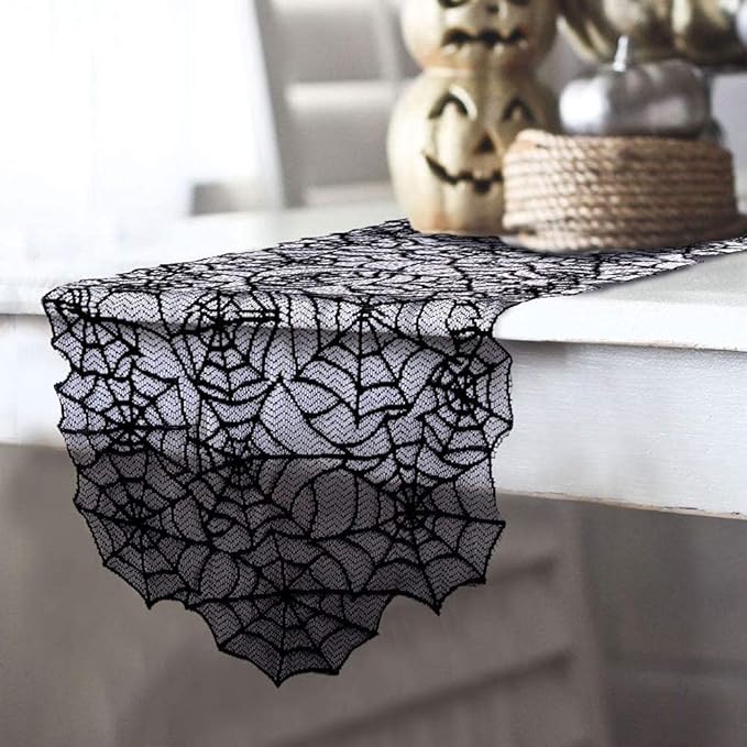 Hommtina 4 Pack Halloween Decorations Tablecloth Runner Black Lace Round Spider Cobweb Table Cover Fireplace Mantel Scarf Spiderweb with 60 Pcs 3D PVC Scary Black Bat Sticker Halloween Party Supplies-Ruum Studio Home