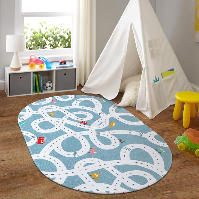 STARUIA Large Kids Playroom Rug, 4'x6' Washable Road Rug for Nursery, Non-Slip Fun Area Rugs for Kids Room, Blue Car Rugs Play Mat Soft Baby Carpet for Boys Girls Dorm Toy Room Tent-Ruum Studio Home