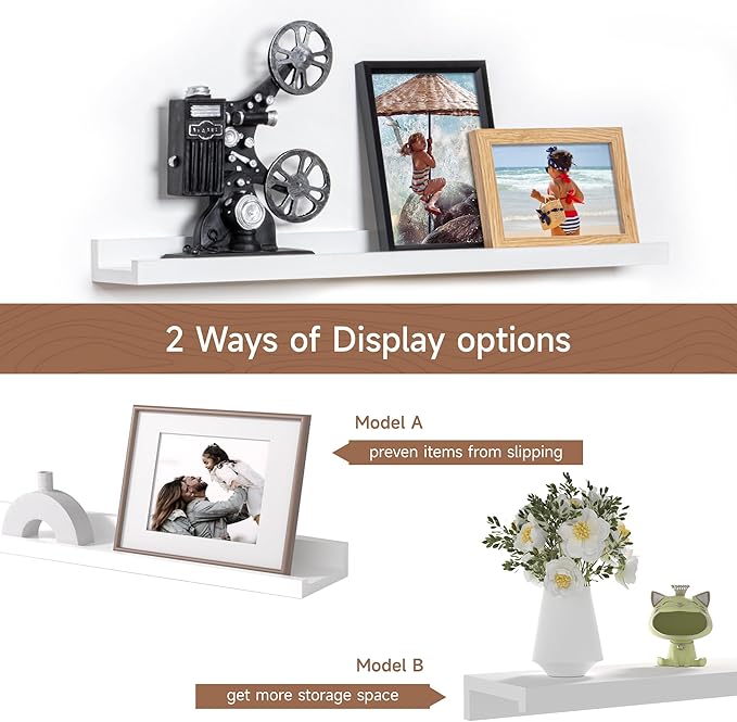 Fun Memories Picture Ledge Shelf, 24 Inch Floating Shelves Set of 2, Nursery Book Shelves for Toys Storage, Kids Bookshelf Wall Mounted for Wall Decor Books Photo Frames, White-Ruum Studio Home