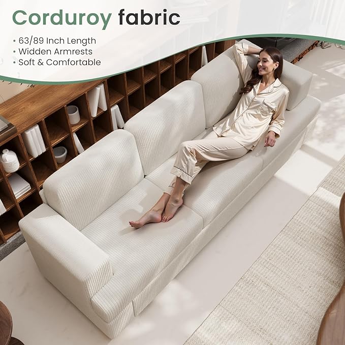 89" White Corduroy Sofa for Living Room, 3 Seater Cloud Couch, Deep Seat Floor Couch for Bedroom, Futon Modern Sofa Bed, White Corduroy-Ruum Studio Home
