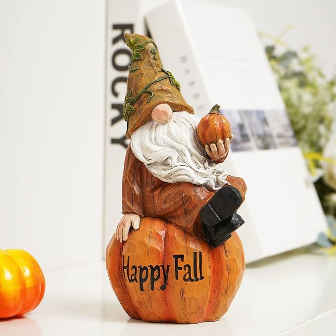 Topadorn Fall Garden Gnome Figurine Sitting on Pumpkin Statue Autumn Harvest Garden Gnomes Statue Figurine for Patio Yard Lawn Porch Decoration, Happy Fall-Ruum Studio Home