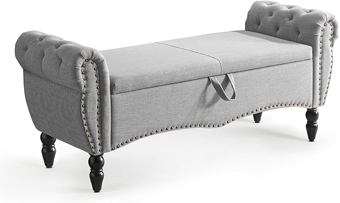 Furniliving 51.75" Storage Ottoman Bench for Living Room, Modern Bedroom Bench with Rolled Arm Upholstered End of Bed Bench Shoe Storage Bench Indoor Bench with Wood Legs Entryway Bench,Grey, Linen-Ruum Studio Home