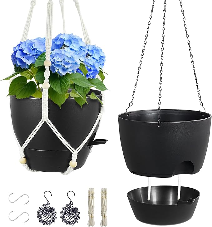 10 inch Self Watering Hanging Planters, 2 Pack Hanging Baskets for Indoor Outdoor Plants, Hanging Flower Pots with Drainage Holes & 2 Kinds of Plant Hangers for Garden Home Decor, Black-Ruum Studio Home