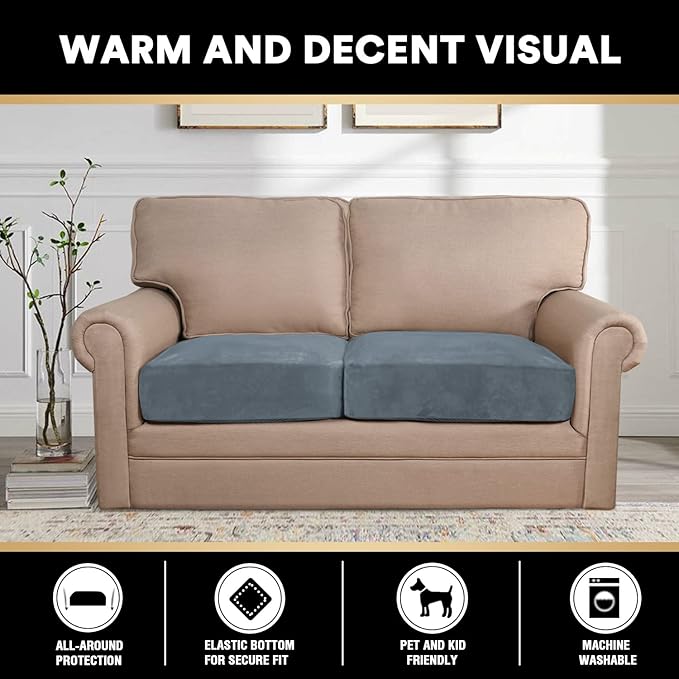 PrinceDeco Velvet Stretch Couch Cushion Cover Soft Cushion Slipcover for Chair Loveseat Sofa Furniture Protector Seat Cushion Sofa Cover (Each Width Up to 29.5", Stone Blue)-Ruum Studio Home