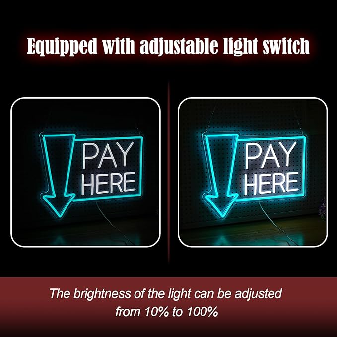 Pay Here Neon Sign Bright Ice Blue White Pay Light Up Sign for Business Decor Dimmable LED Words Neon Light for Restaurant Shop Bar Neon Wall Decor (16.5 * 12.8 In)-Ruum Studio Home