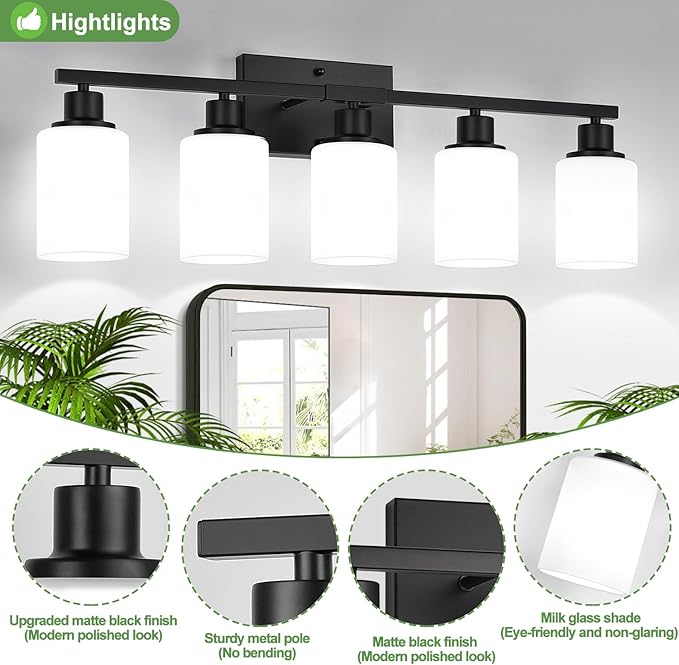 5-Light Black Bathroom Vanity Light Fixture with Milky White Frosted Glass Shades, Bathroom Light Fixture for Mirror, Matte Finish, Reversible Up/Down Lighting for Bedroom, Living Room, Hallway-Ruum Studio Home