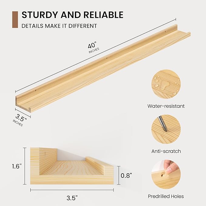 Picture Ledge Shelf, Solid Pine Wood Floating Shelves Set of 2, 40 Inches Nursery Book Shelves for Toys Storage, Kids Bookshelf Wall Mounted for Living Room Decor Photo Frames, Unfinished Natural-Ruum Studio Home