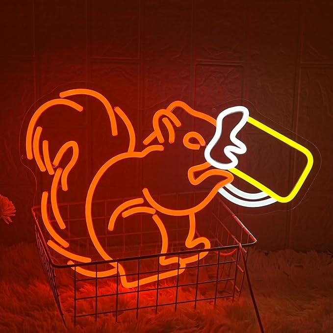 Squirrel Beer Neon Sign for Wall Decor Bar Neon Light Orange Squirrel Drinking Wine Led Light Animal LED Sign Dimmable LED Neon Light for Bar Bedroom Kidsroom Business Game Room-Ruum Studio Home