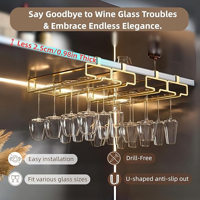 LINFIDITE Gold Under Cabinet Wine Glass Holder, 2 Pack, Space Saving, Easy Installation, Anti-Skid, Compact Design, Sturdy Materials, Affordable Gift-Ruum Studio Home