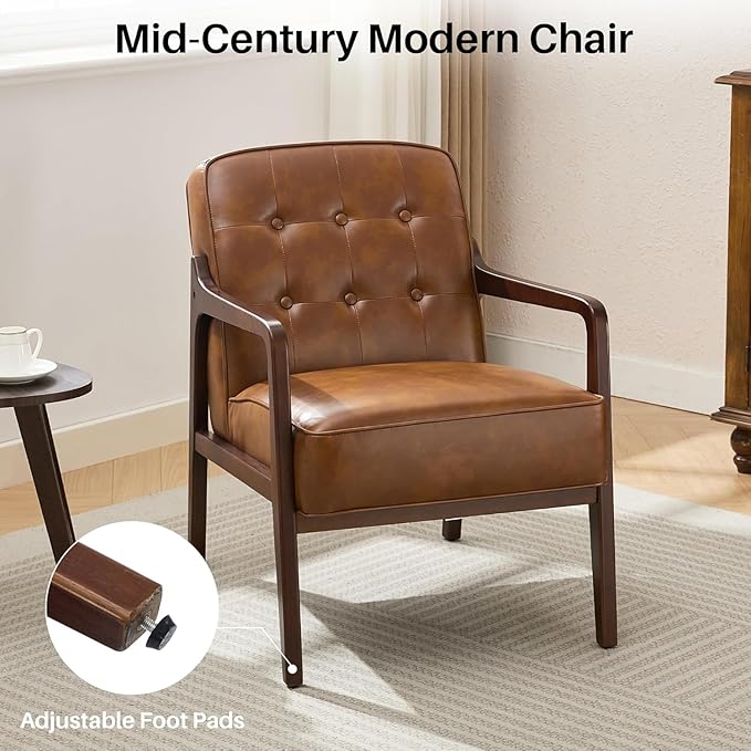 Faux Leather Accent Chair Set of 2, Mid Century Chair for Living Room, Upholstered Comfy Lounge Armchair with Solid Wood Frame, Modern Chair for Bedroom,105°Ergonomic Comfort, Brown-Ruum Studio Home
