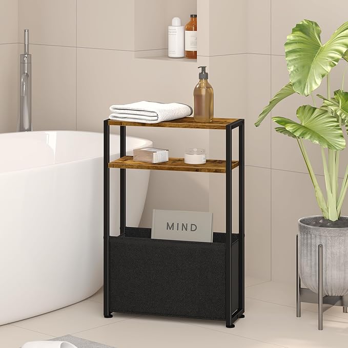 Narrow Side Table, Slim End Tables with Fabric Basket, Skinny Table for Small Spaces, Thin Bedside Table for Living Room, Bedroom-Ruum Studio Home