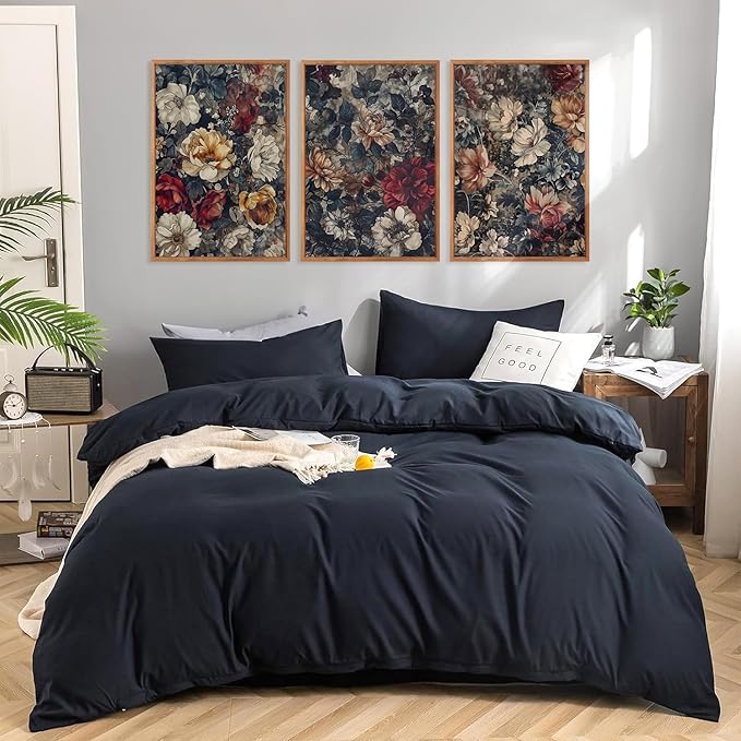 Aurlan Dark Moody Boho Wildflowers Wall Art Set(16"x24"), 3 Pieces Vintage Mid Century Modern Floral Framed Canvas Artwork, Large French Penoy Botanical Wall Decor for Office Bedroom Living Room-Ruum Studio Home