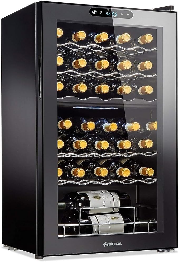 Wine Enthusiast 32-Bottle Dual Zone MAX Compressor Wine Cooler – Freestanding Mini Fridge with Digital Touchscreen, LED Display, Split Storage for Red & White Wines, Matte Black Refrigerator Home Bar-Ruum Studio Home