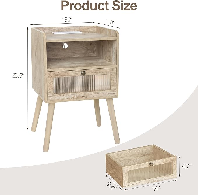 AWASEN Nightstand with Charging Station, Modern Bedside Table with Glass Decorative Drawer, Charging Night Stand Side Tables for Bedroom and Small Space, Rustic White Oak-Ruum Studio Home