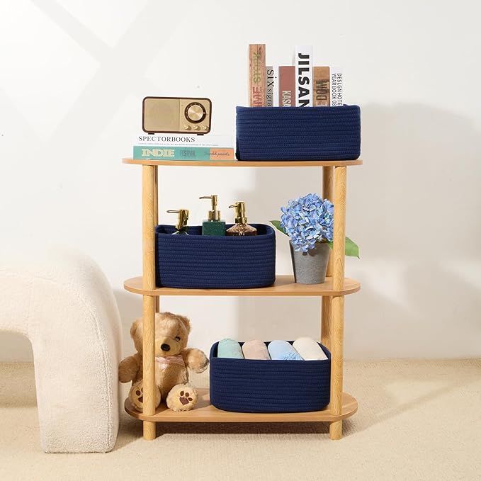 Small Storage Baskets for Organizing | Closet Organizer Bins | Shelf Toy Basket | Woven Rope Baskets | Cube Decorative Box | Shallow Basket | 13x8.5x5.1” | 3 Packs Navy Blue-Ruum Studio Home