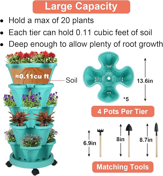 Vertical Planter 5 Tier Stackable Planters Garden Planters Strawberry Herb Flower and Vegetable Planter Indoor Outdoor Gardening Pots with Removable Wheels and Tools-Ruum Studio Home