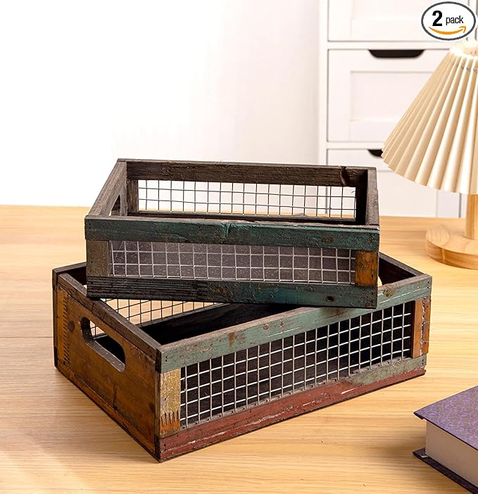 TIMRIS Set of 2 Rustic Wooden Countertop Baskets, Farmhouse Distressed Nesting Boxes, Small Decorative Wooden Storage Crates, Reclaimed Wood Organizer Baskets with Wire Mesh (Random)-Ruum Studio Home