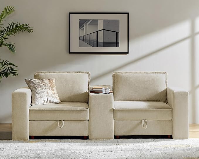 HULALA HOME 88" Loveseat Sofa with USB Port and Console, Oversized 2 Seater Sofa with Storage Ottoman, Comfy Upholstered Loveseat Couch for Living Room Bedroom, FSC Certified, Beige-Ruum Studio Home